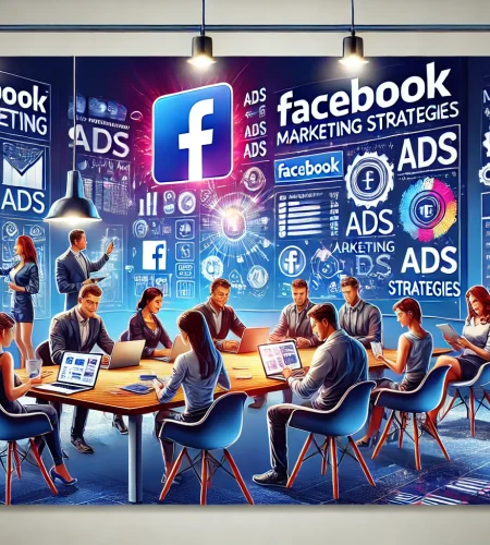 DALL·E 2024-11-20 15.32.11 - A vibrant and dynamic poster-sized image showcasing a team of 10 professionals collaborating on Facebook marketing strategies. The scene includes team